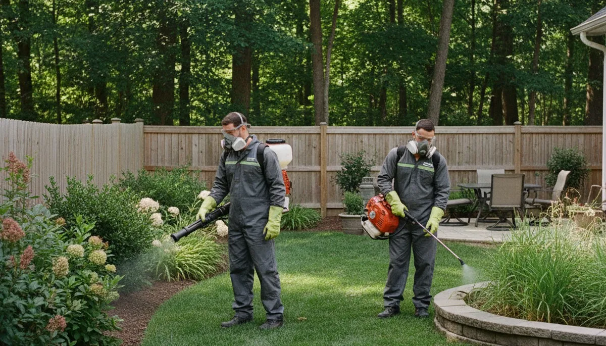 Tick control service technician treating a South Burlington, VT yard to reduce ticks around the property