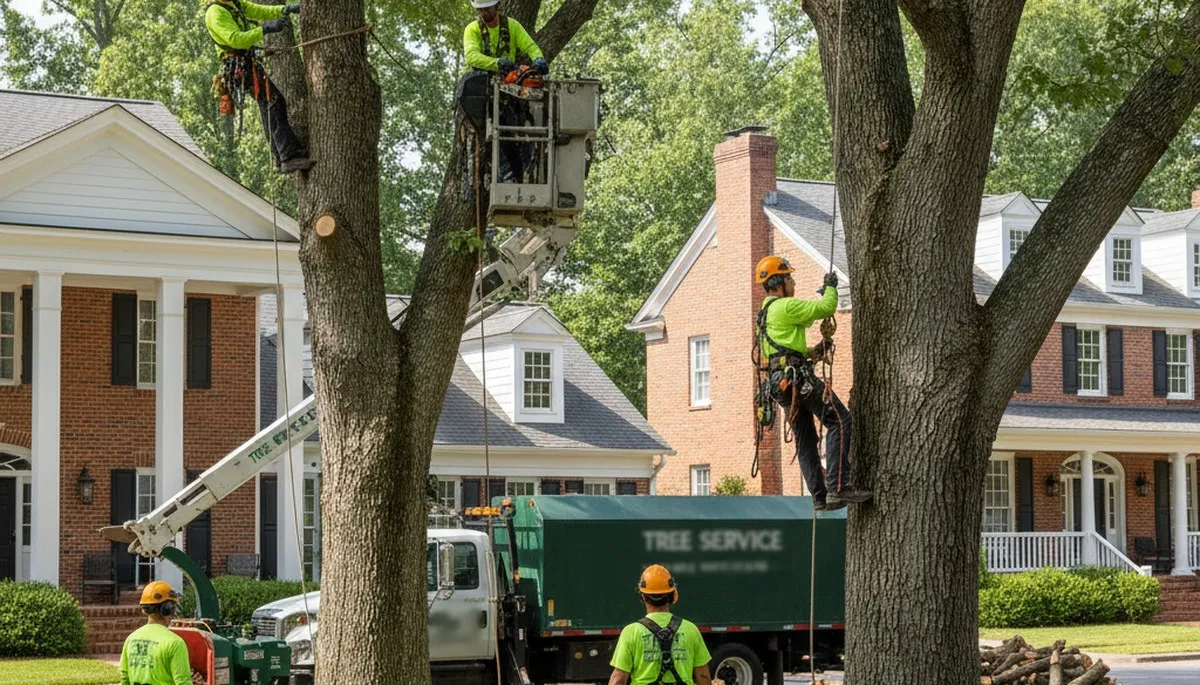 Tree service crew in South Burlington, VT trimming and removing trees for safe property maintenance